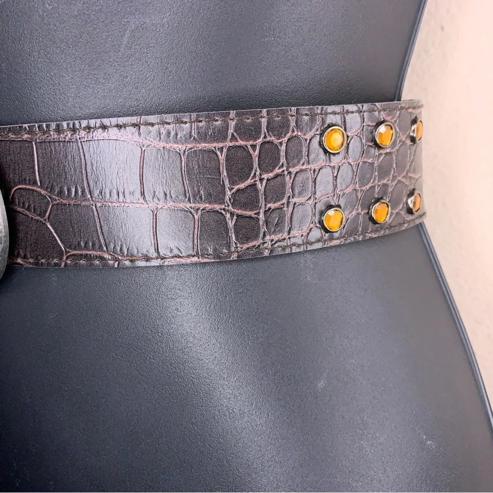 Size 14 Belt Rhinestone Brown Faux Leather Silver Buckle Western Woven Look